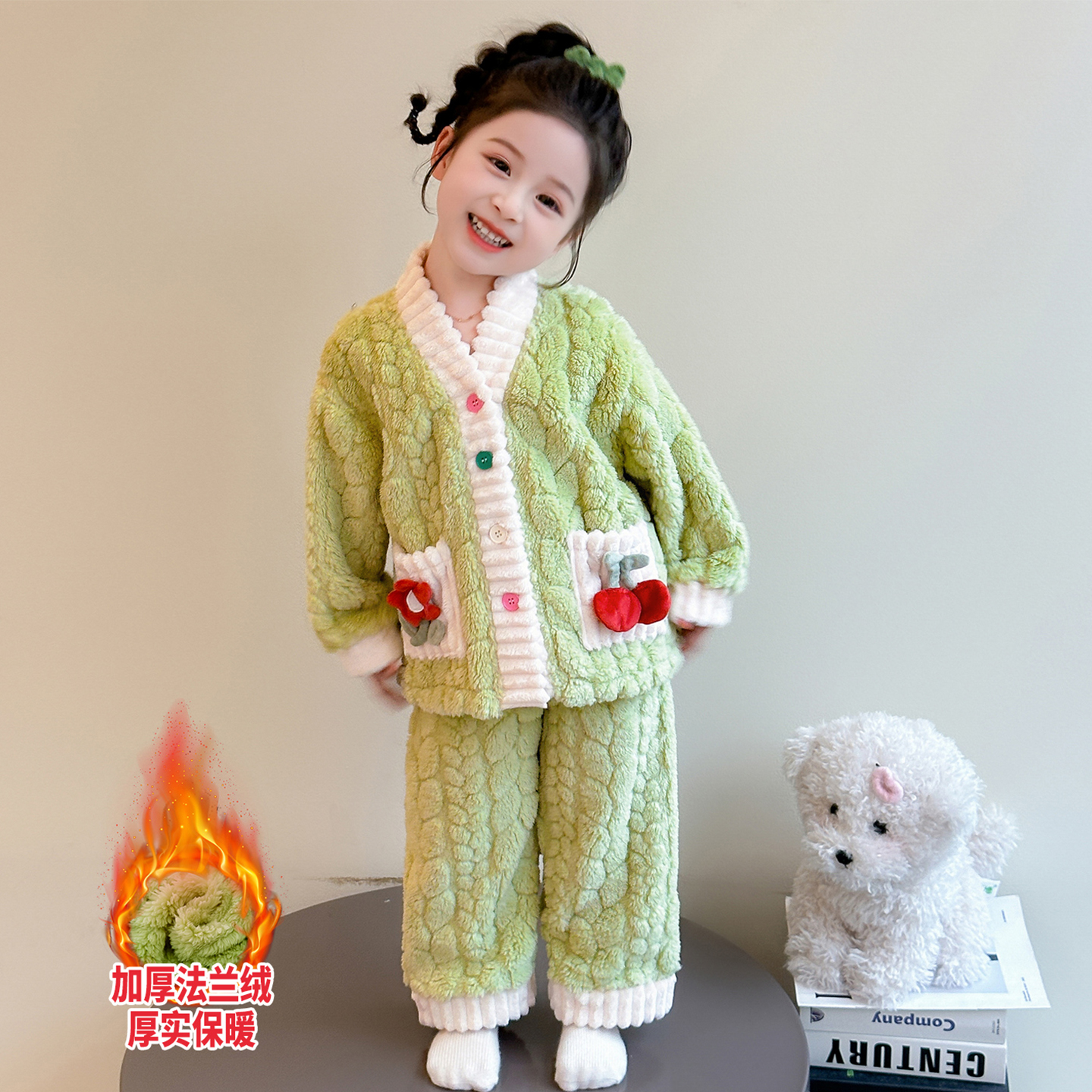 女童法兰绒睡衣秋冬加厚家居服潮