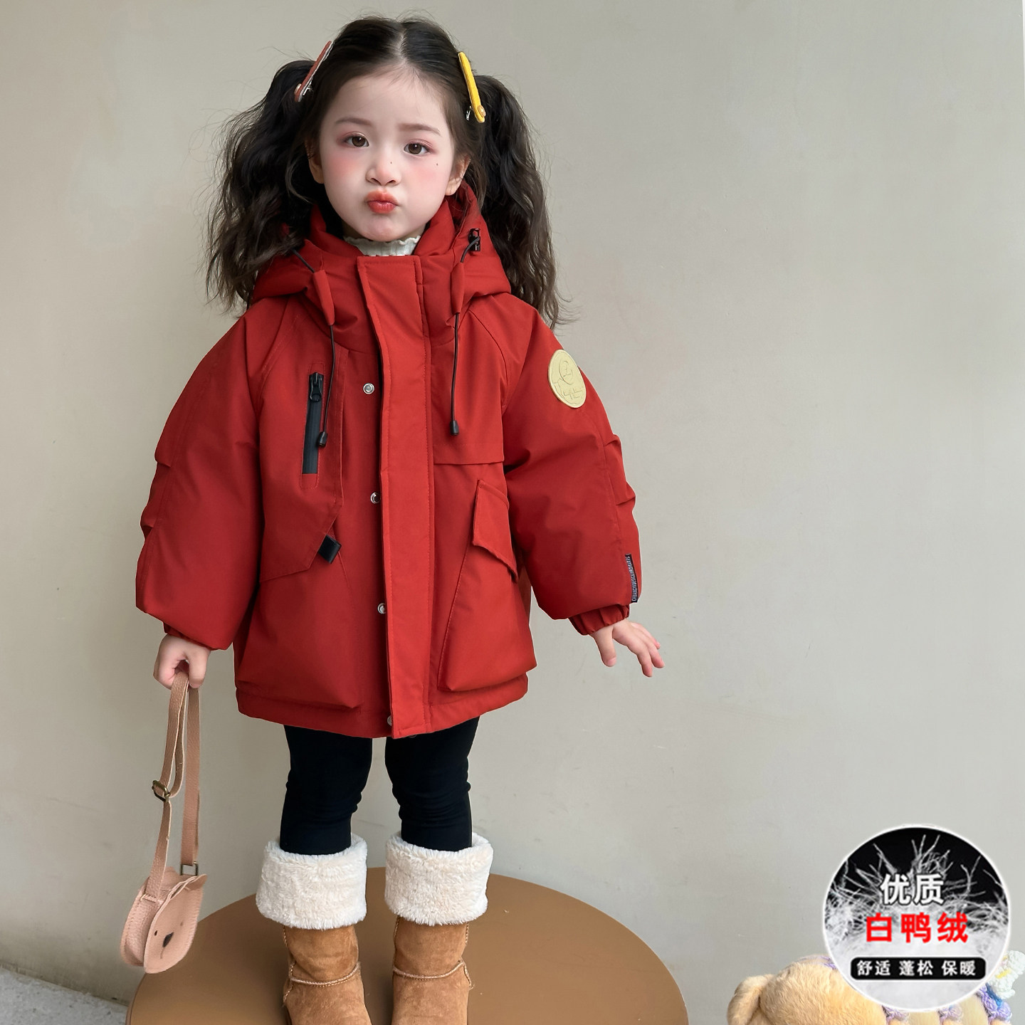 女童秋冬工装风连帽羽绒服中长款红色白鸭绒加厚保暖派克服外套潮