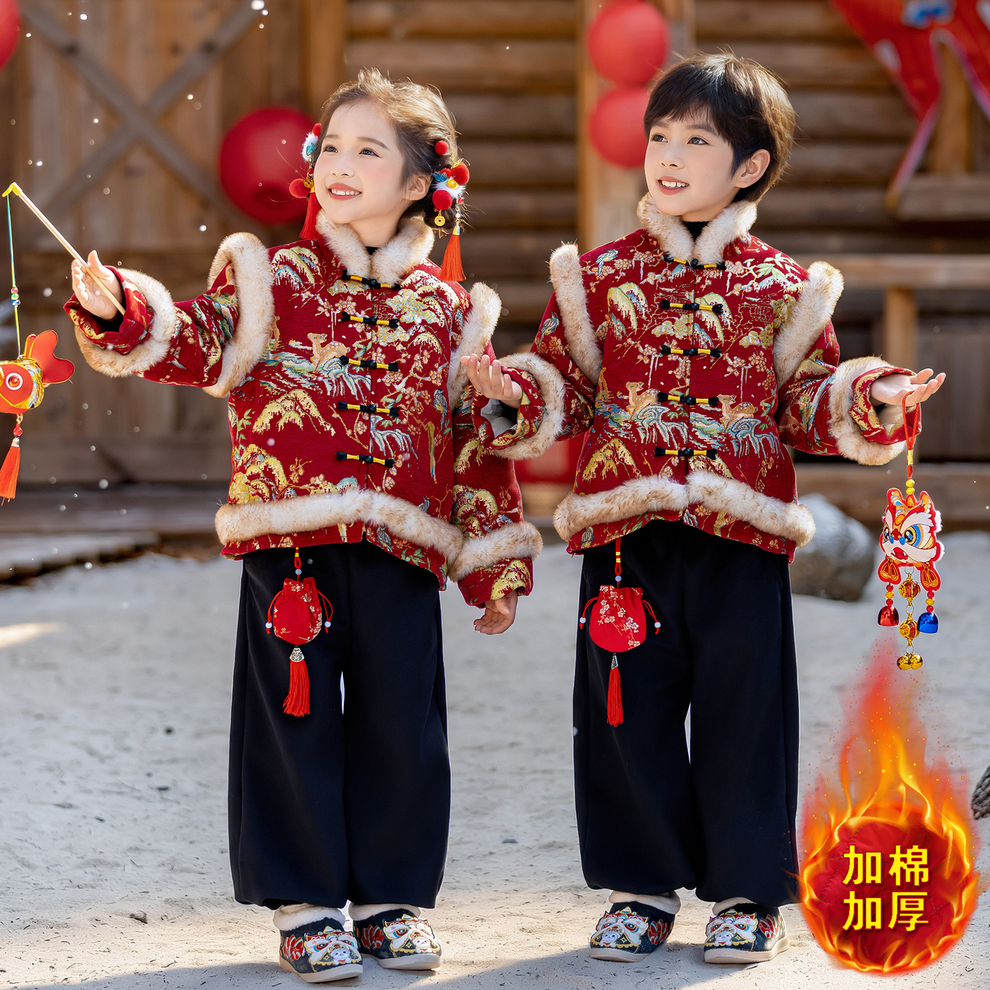 儿童唐装套装冬季加绒加厚两件套
