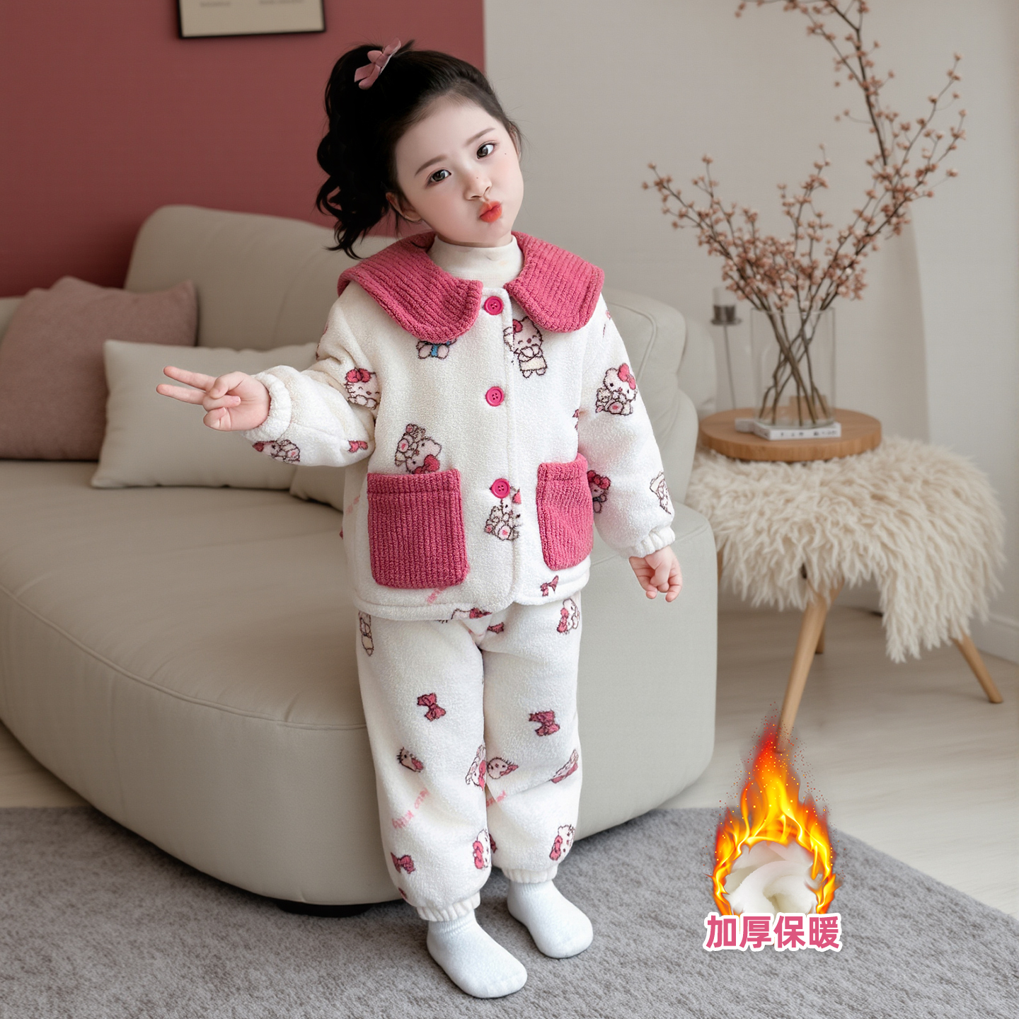 女童冬款珊瑚绒家居服套装秋冬女宝加厚开衫睡衣儿童保暖两件套潮