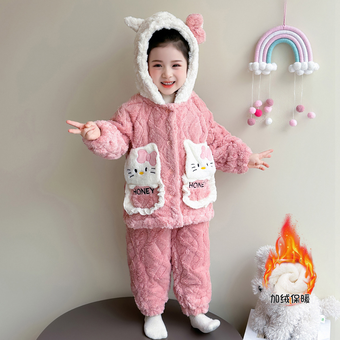 女童冬季加厚珊瑚绒夹棉睡衣套装