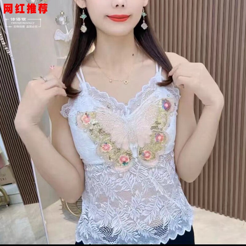 诗语萌重工钉珠彩色亮片蝴蝶吊带背心女新款内搭打底衫带罩杯美背