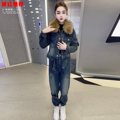 网红冬季新款爆版牛仔套装大毛领加绒加厚遮肉显瘦时尚设计两件套