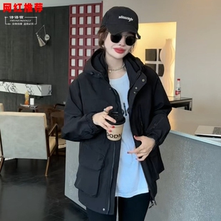 时尚休闲大兜中长款冲锋衣2026春季新款抽腰显瘦派克服薄棉外套女