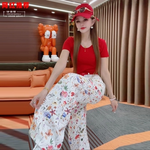 网红时尚套裤女春夏新潮红色短袖T恤+花色牛仔阔腿裤显瘦美两件套