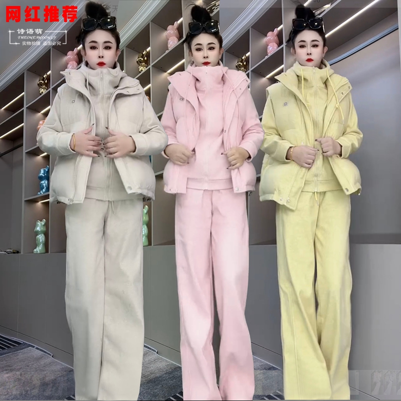 欧货休闲运动套装女秋冬新款韩版洋气棉马甲连帽卫衣阔腿裤三件套