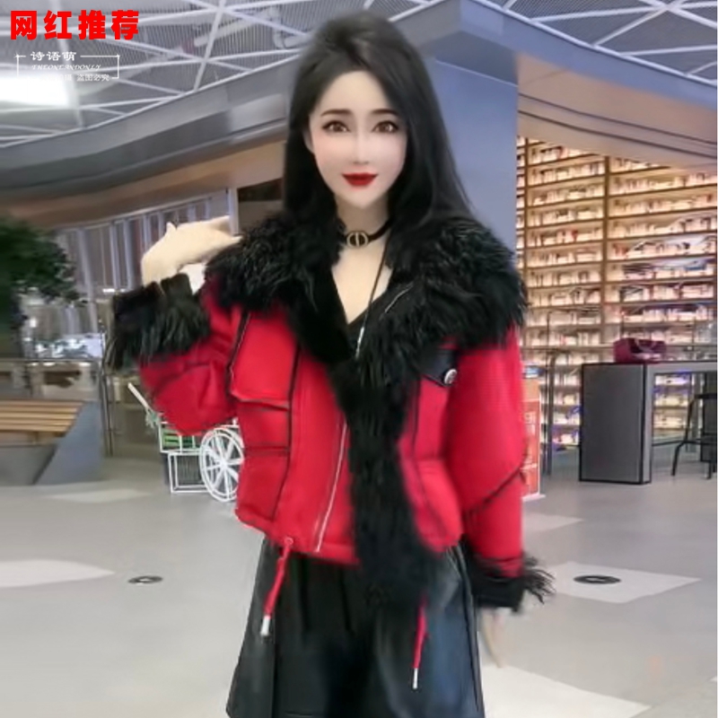 网红爆款冬季时尚显气质瘦高级感洋气加绒皮毛一体炸街潮流女外套