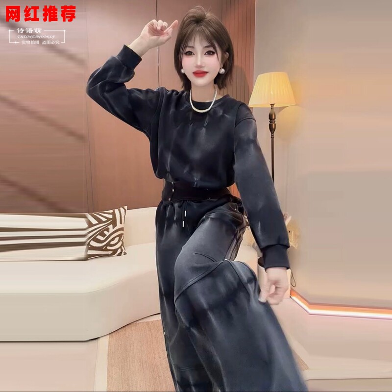 网红春新款牌慵懒风休闲运动套装女韩版高级感圆领卫衣长裤两件套