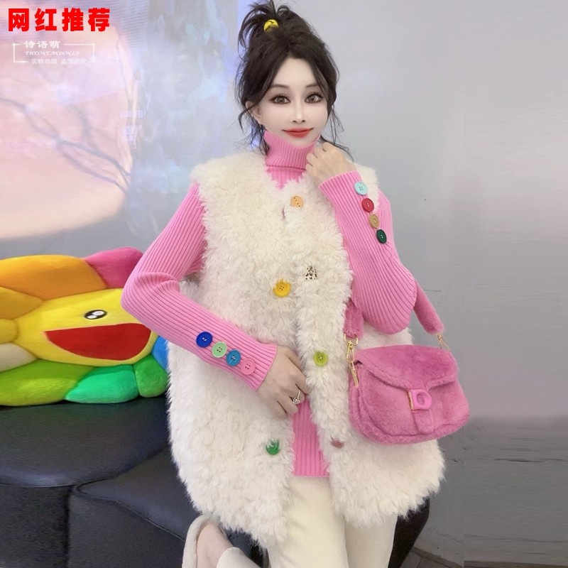 冬季新款芭莎皮毛一体外套女短款羊羔毛羊剪绒无袖马甲坎肩马夹潮
