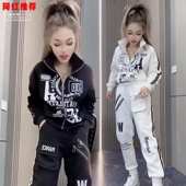 女秋季 裤 新款 帅气重工印花卫衣束脚工装 两件套 时尚 休闲运动服套装