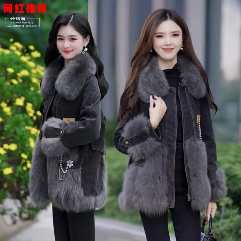 网红正品女装牛仔皮草外套拼接外套女士2023冬季新款时尚短派克服,女装/女士精品,皮草,淘宝优惠券,粉丝福利购,淘宝优惠卷