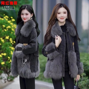 时尚 网红正品 新款 牛仔皮草外套拼接外套女士2023冬季 短派克服 女装