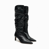 ZA2025秋冬新款 尖头软皮高筒长靴细跟褶皱堆堆靴不过膝高跟长筒靴