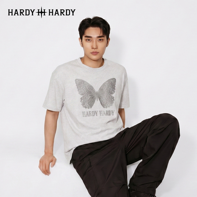 HARDY HARD潮牌男士重磅纯棉T恤闪粉刻字膜蝴蝶翅膀印花高街上衣