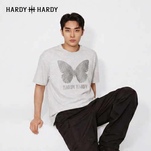 HARDY HARDY潮牌男士重磅纯棉T恤闪粉刻字膜蝴蝶翅膀印花高街上衣