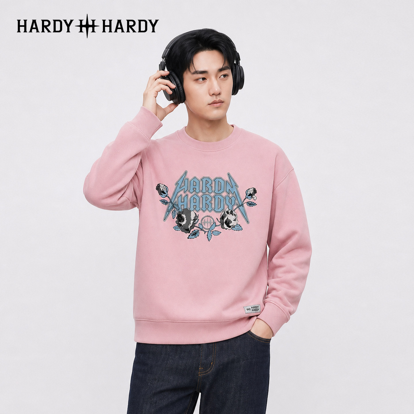 HARDY HARDY潮牌复古摇滚玫瑰烫画印花圆领卫衣男女宽松高街上衣