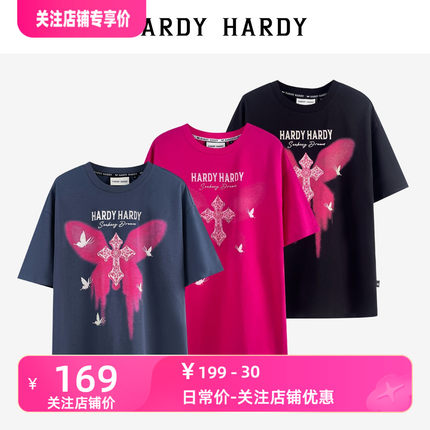 HARDY HARDY烫钻字母蝴蝶十字架字母短袖T恤男女半袖情侣体恤潮Z