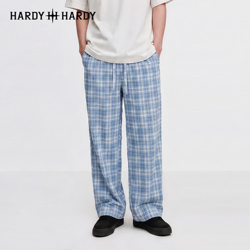 HARDY HARDY潮牌夏季纯棉格纹提花长裤抽绳松紧腰宽松直筒版型