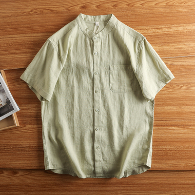 天然纯亚麻新中式短袖立领衬衫