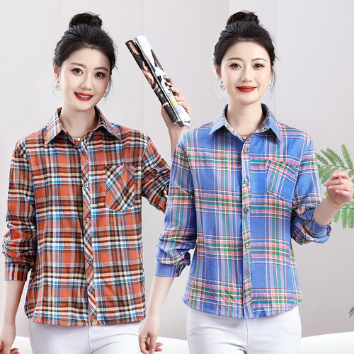 中老年春秋款妈妈装衬衫长袖格子大码开衫防晒口袋打底衬衫外套女
