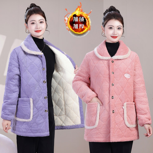中年女冬季加绒加厚棉衣短款保暖