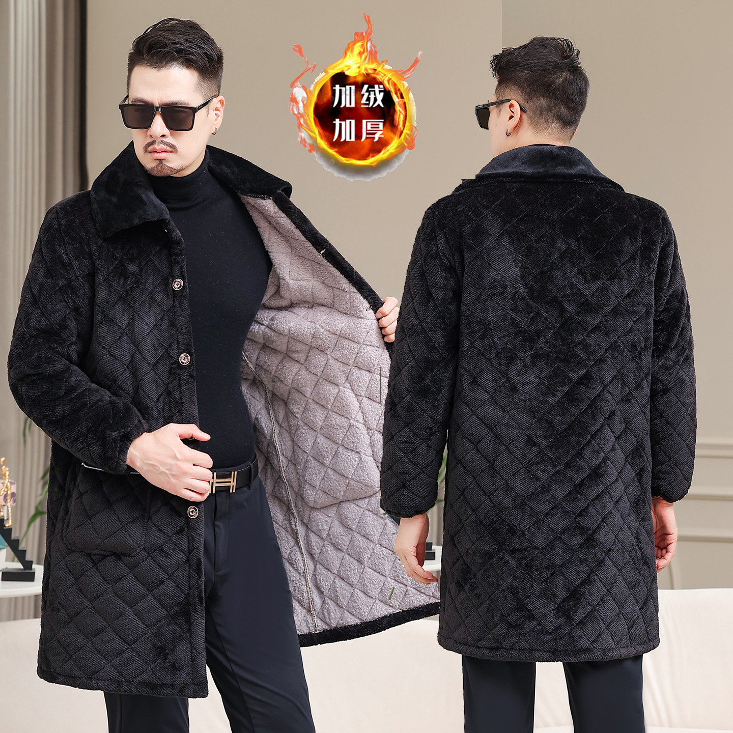 男士冬季加厚保暖工作服翻领时尚中长夹棉耐脏防污家居服棉服外套