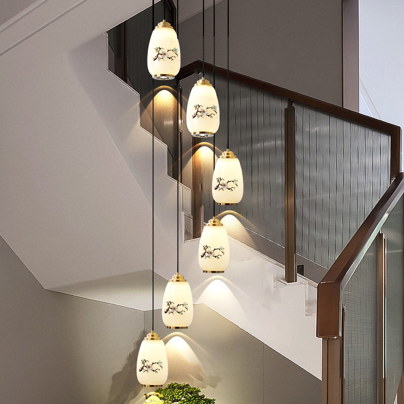 复式楼梯吊灯新中式全铜楼梯间灯具美式别墅中空旋转楼梯灯长吊灯