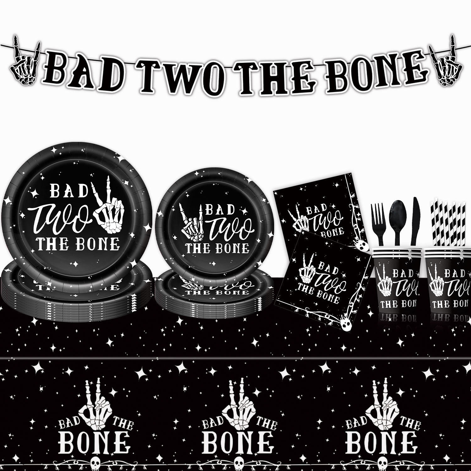 新款Bad Two The Bone 骷髅2岁生日派对套装布置纸盘纸杯桌布拉旗