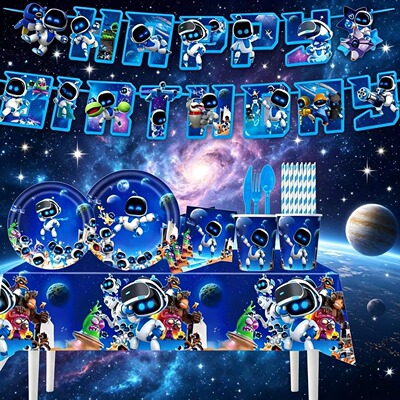 ASTRO BOT卡通宇宙机器人游戏主题生日派对装饰拉旗桌布纸盘纸巾