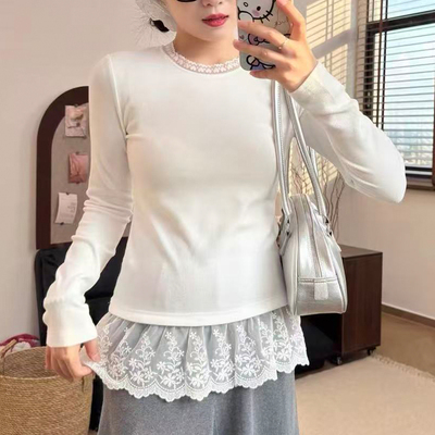 双面德绒蕾丝边打底衫简约T恤女