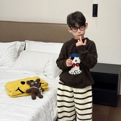 2025冬季新款韩版男童软糯加厚卡通半边绒家居服套装儿童保暖睡衣