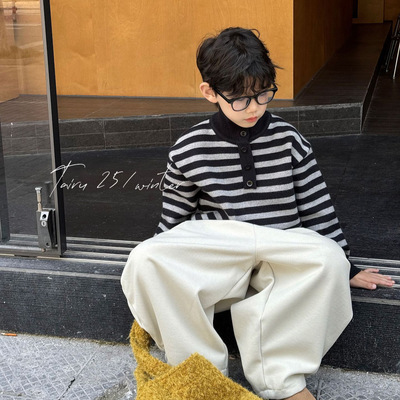 男童条纹加绒加厚保暖高领毛衣 2025冬季新款韩版水貂绒儿童上衣