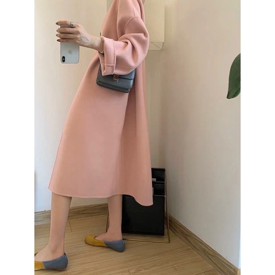 粉色双面羊绒大衣女中长款2025年秋冬新款茧型羊毛赫本风毛呢外套