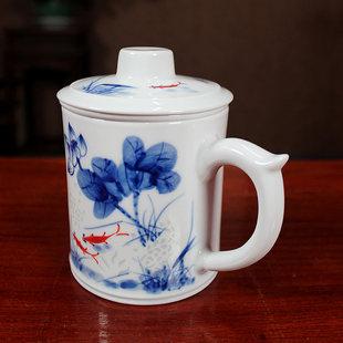 茶具 景德镇手绘青花玲珑单茶杯家用大号传统办公杯陶瓷品茗杯中式