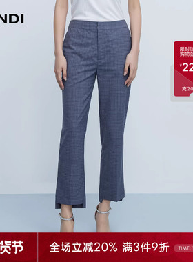 LANDI蓝地格纹蓝灰色不规则裤脚气质通勤显瘦西装裤女春新品