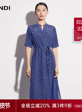 LANDI蓝地藏蓝色休闲气质真丝印花衬衫式连衣裙女短袖裙子夏新品