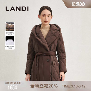 [商场同款]LANDI深咖色设计感连帽毛呢拼接羽绒服女中长款冬新品