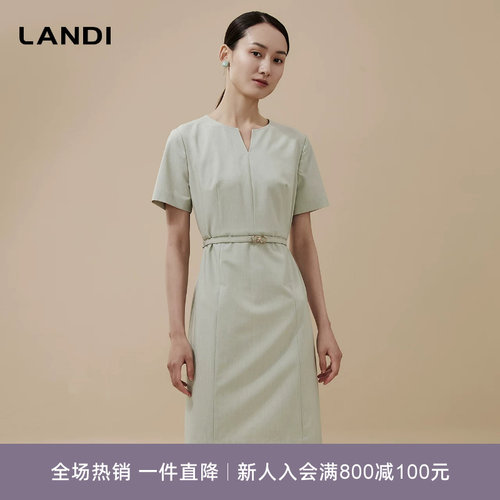 LANDI气质收腰修身小V领连衣裙