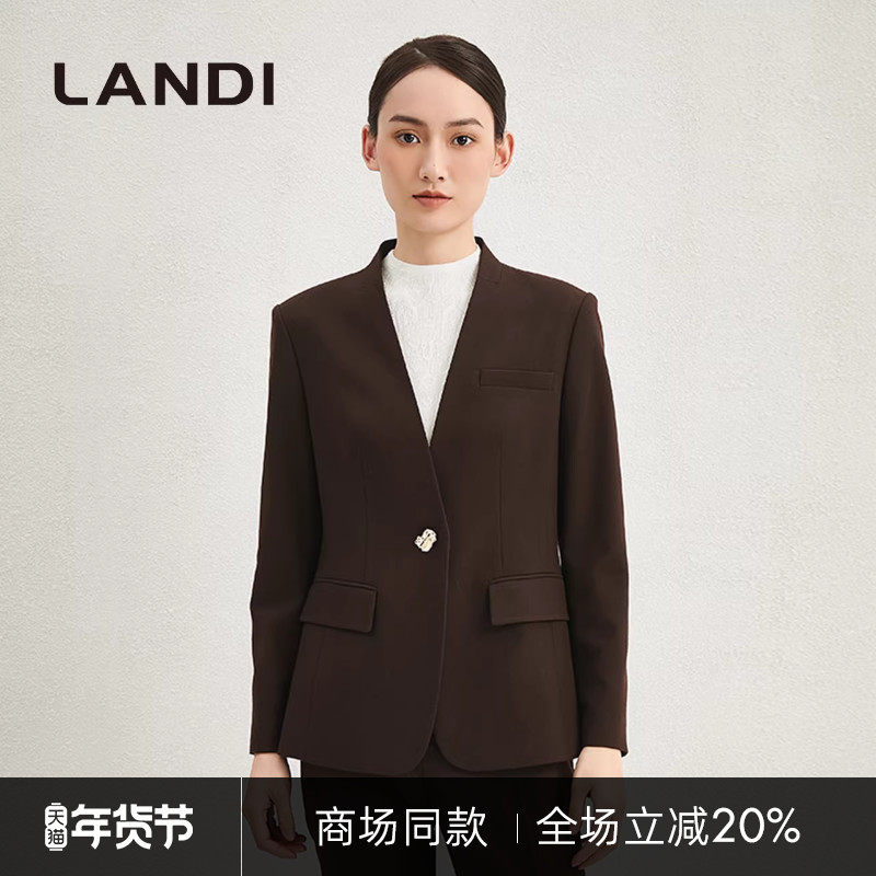 [商场同款]LANDI深咖色羊毛设计感无领修身西服外套女西装冬新品