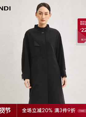 LANDI蓝地黑色设计感花边小立领绵羊毛中长款风衣外套女秋新品