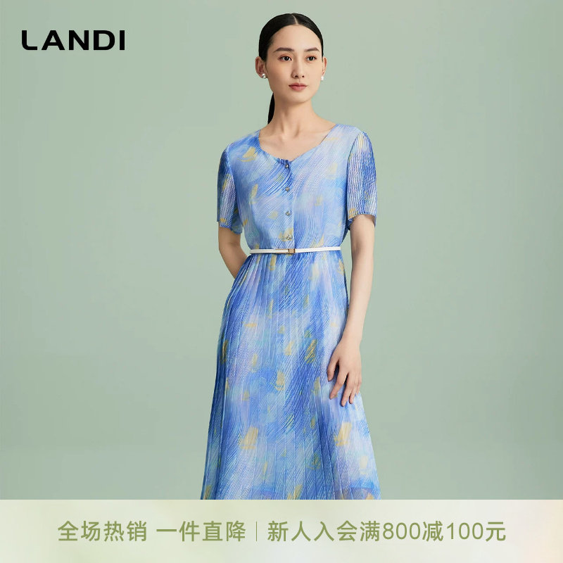 LANDI蓝地湖蓝色恬静气质印花短袖收腰雪纺连衣裙女百褶裙夏新品