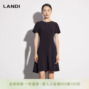 LANDI蓝地赫本风经典小黑裙拼接散摆圆领短袖连衣裙女夏新品短裙