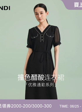 [优雅通勤系列]LANDI蓝地黑色醋酸V领网纱短袖收腰连衣裙女夏新品