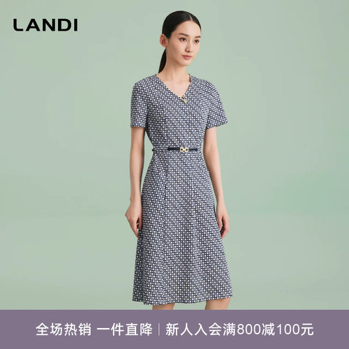 LANDI印花V领收腰合体连衣裙
