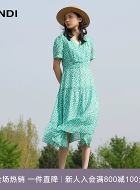 LANDI蓝地青绿色法式优雅度假风V领短袖印花茶歇连衣裙女夏新品