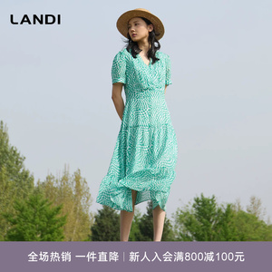 LANDI蓝地青绿色法式优雅度假风V领短袖印花茶歇连衣裙女夏新品