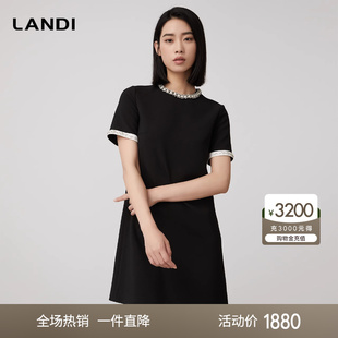 LANDI蓝地黑色圆领钉珠微收腰连衣裙女短袖 短裙 新款 2023年夏季