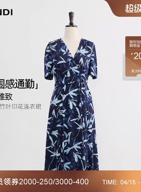 [东方雅致]LANDI藏蓝色竹叶印花通勤V领收腰连衣裙女2026夏新品
