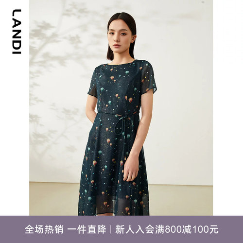 一字领网纱印花短袖连衣裙