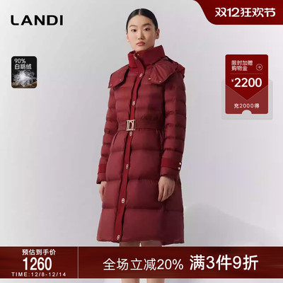 中长款冬季连帽蓝地红色羽绒服